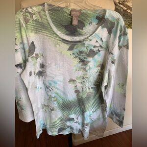 Chico's Green and Gray Floral Long Sleeve Top